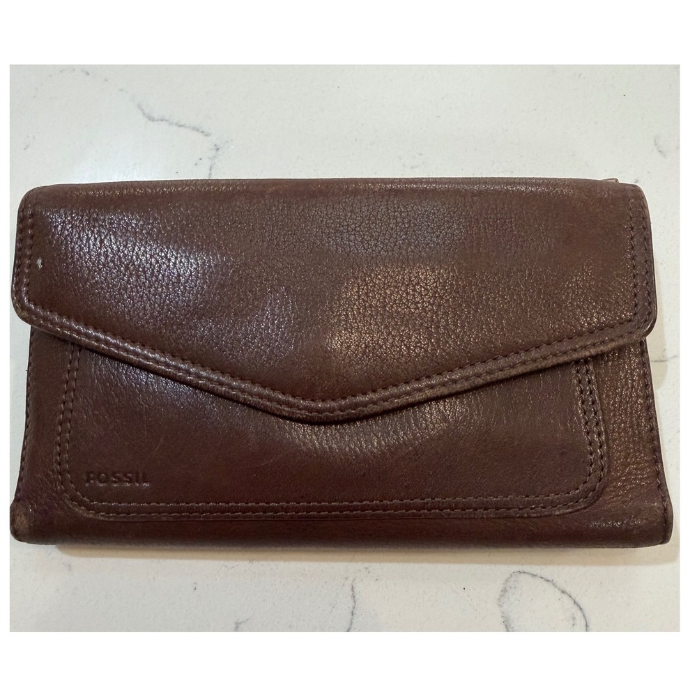 Fossil Dark Brown Leather Envelope Clutch Wallet with Removable Checkbook Insert
